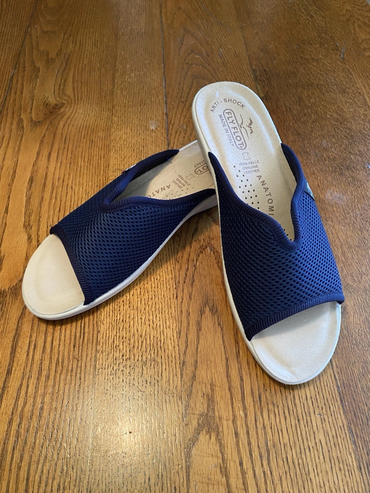 Fly Flot Women's Sandals, Size 38 US 7.5, Blue Mesh, Slip-On Wedge, Italy NWOT - Image 1