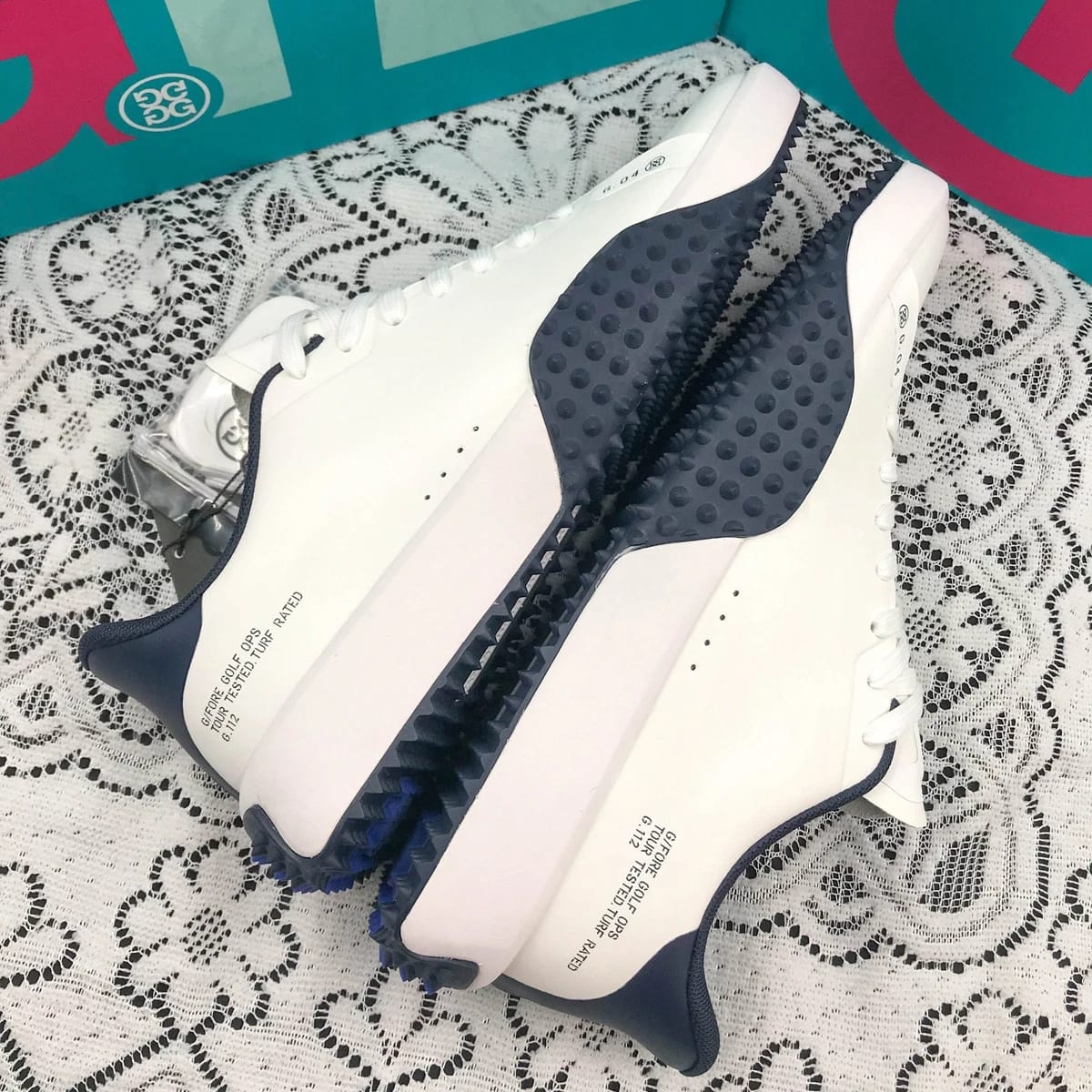 NEW G/FORE G.112 Men's Snow/Twilight Golf Shoes PU Leather White/Blue Sneakers - Image 1