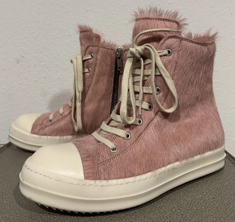 Rick Owens Pony Hair High Top Lace Up Sneakers Pink Size 7 - Image 1