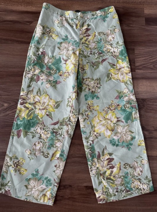 Talbots Pants 1X Green Floral Wide Leg Linen Blend Elastic Waist Tropical - Image 1